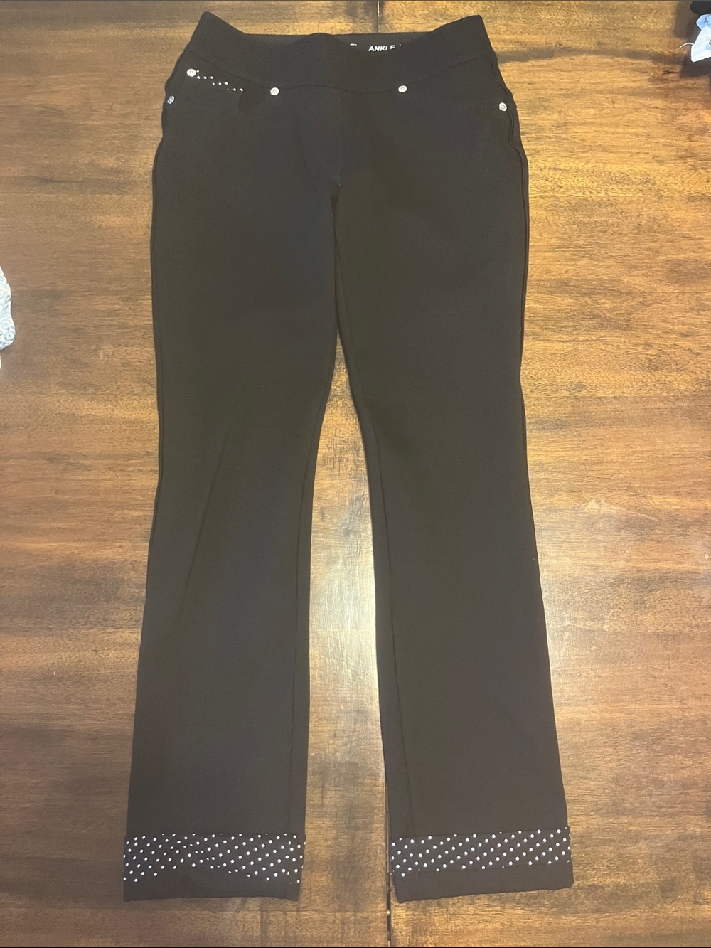Nygard Luxe Slims Ankle Crop Black Pants with White Polka Dots Detail